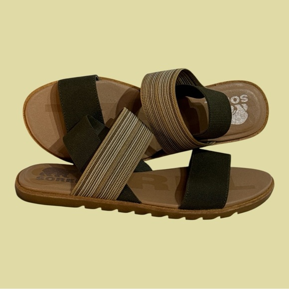 Sorel Ella Flat Sandals in Olive Beige Striped Elastic Stretch Bands Sling Sz 8 - Picture 5 of 7